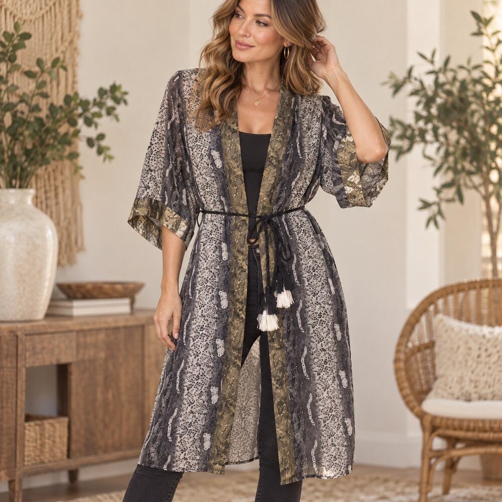 POL Womens M Snake Print Kimono Duster Robe Gold Gray Rope Tassel Belt